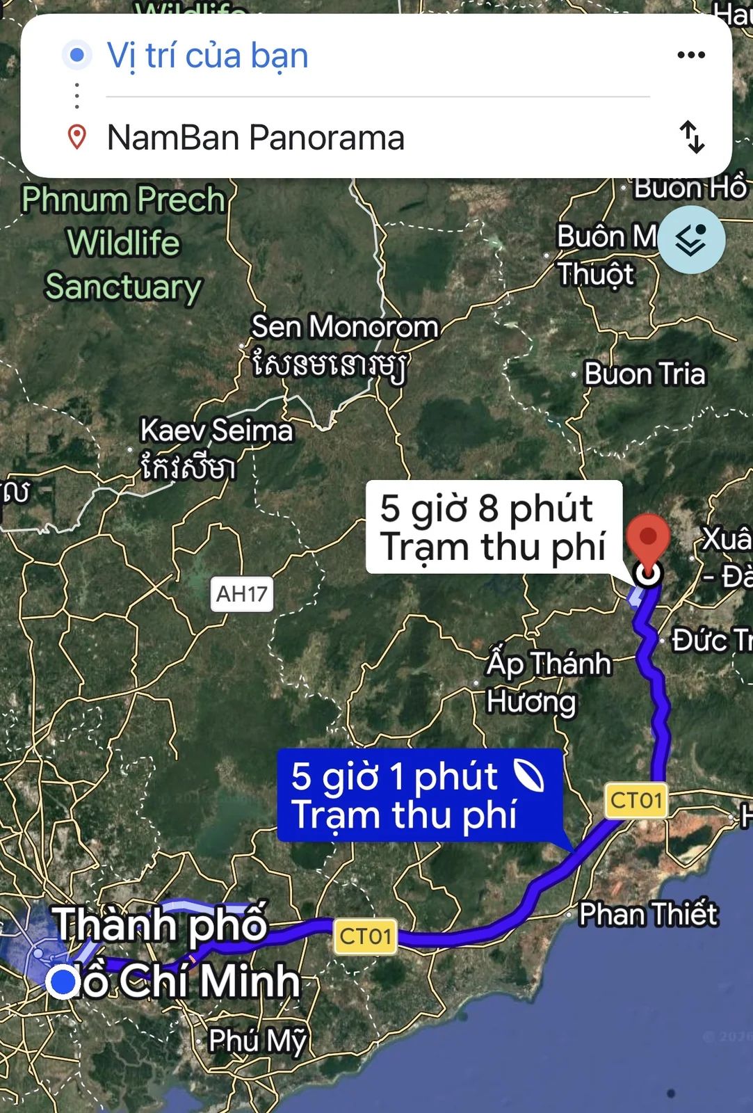 Bản đồ vệ tinh chặng đường từ Sài Gòn tới Nam Ban qua cao tốc và Đức Trọng