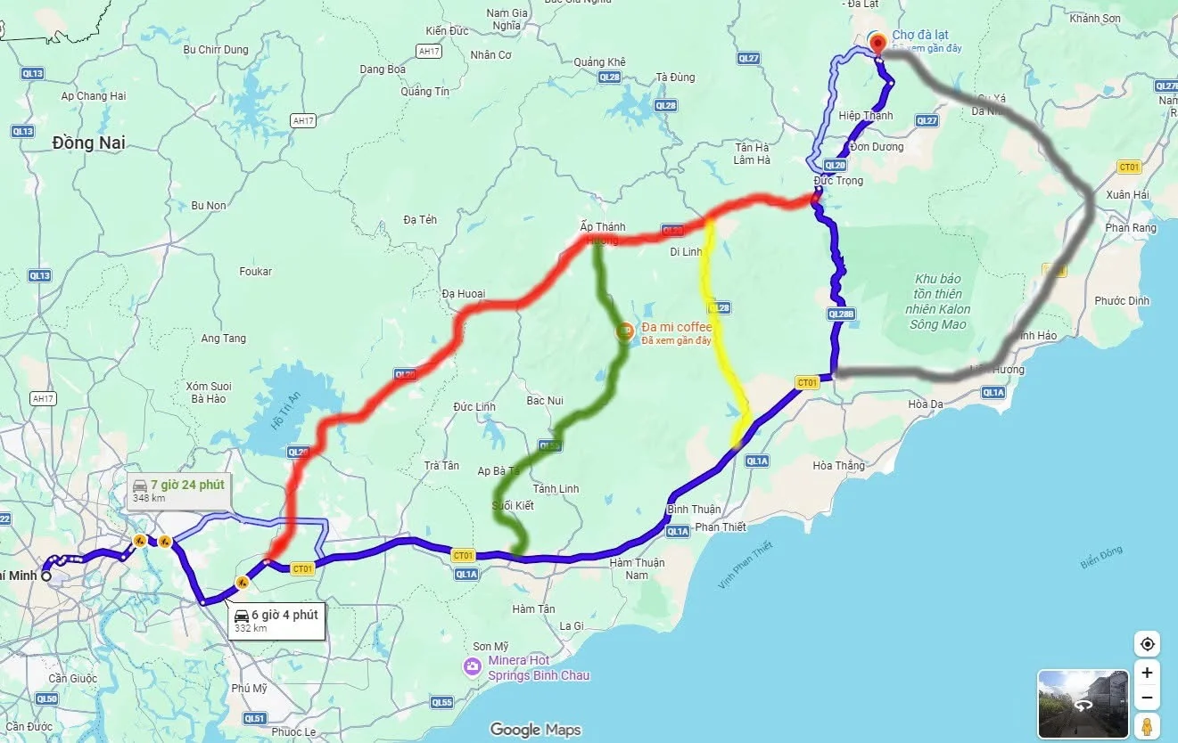 Bản đồ các tuyến đường từ Sài Gòn lên Đà Lạt và Nam Ban trên Google Maps