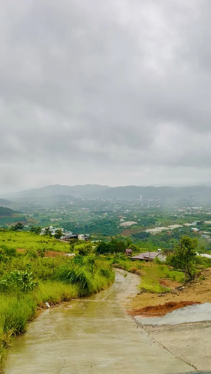 Đường bê tông đổ dốc ở khu nhà trắng Đông Thanh, Nam Ban, trong ngày mưa: mặt đường ướt, hai bên là đất đỏ và cỏ, thung lũng phía dưới mờ mưa