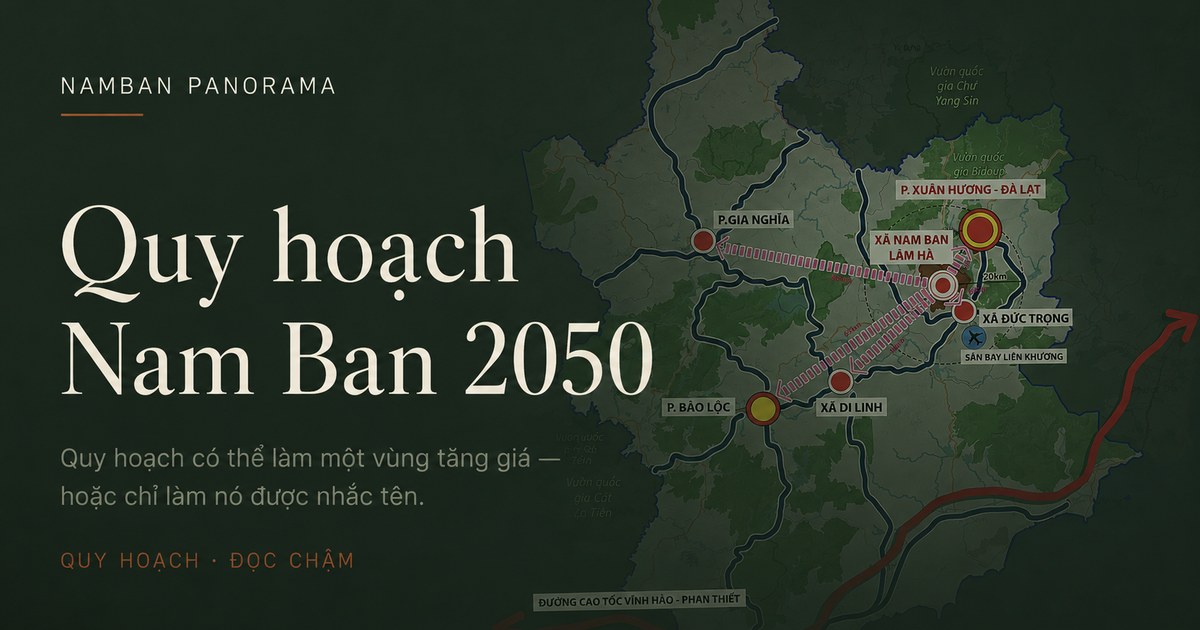Bản đồ quy hoạch Nam Ban 2050 — vị trí xã Nam Ban Lâm Hà giữa Đà Lạt, Bảo Lộc, sân bay Liên Khương, cao tốc và các phân khu chức năng