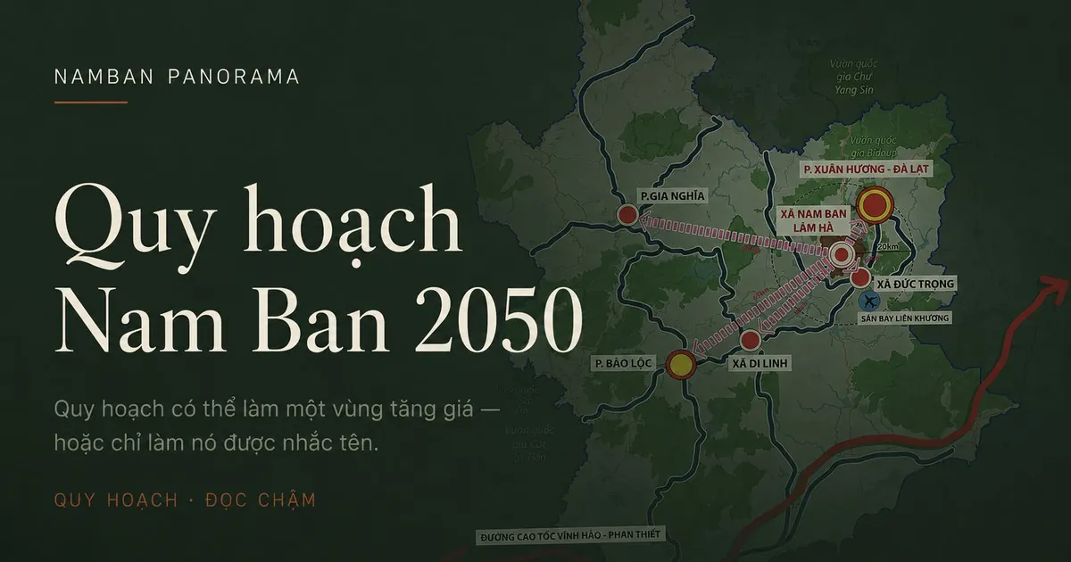 Bản đồ quy hoạch Nam Ban 2050 — vị trí xã Nam Ban Lâm Hà giữa Đà Lạt, Bảo Lộc, sân bay Liên Khương, cao tốc và các phân khu chức năng