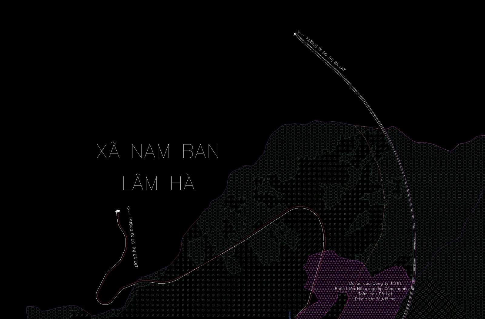 Bản vẽ kỹ thuật nền đen ghi chữ lớn Xã Nam Ban Lâm Hà, đường ranh tím và hai lối ghi hướng đi đô thị Đà Lạt
