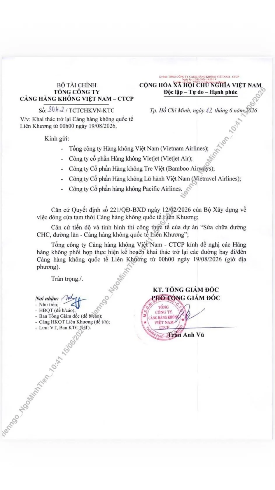 Văn bản số 2042 của Tổng công ty Cảng hàng không Việt Nam về việc khai thác trở lại Cảng hàng không quốc tế Liên Khương từ 00h00 ngày 19/8/2026